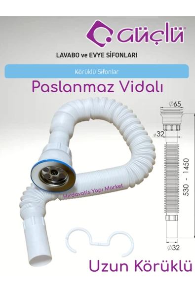 GÜÇLÜ KÖRÜKLÜ LAVABO EVYE SİFONU LÜX Q32 ÇİFTLİ KÖRÜK PASLANMAZ VİDALI