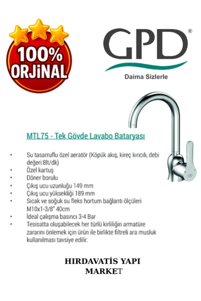 GPD Felis MTL75 Tek Gövde Lavabo Bataryası - 4