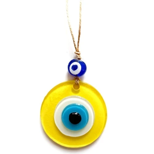 Nazar Boncuklu Sarı Renk Mini Duvar Süsü Dekoratif Hediyelik Cam Eşya - 2