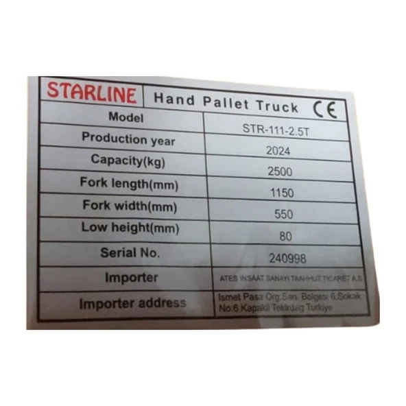 Starline STR-111 2,5 Ton Transpalet - 3