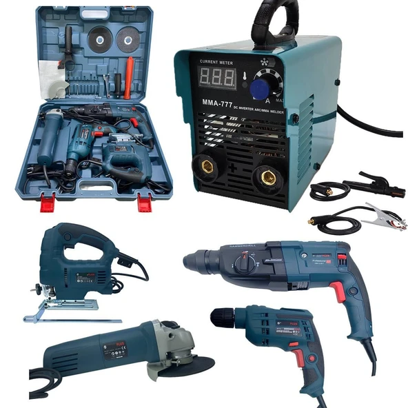 Elektrikli 5 Lİ Grup Set (4 lü Makine Seti Kırıcı Delici, 13mm Darbeli Vidalama Matkap, 125mm Avuç Taşlama, Dekupaj Testere + MMA777 İnverter Kaynak Makinesi) EEA433