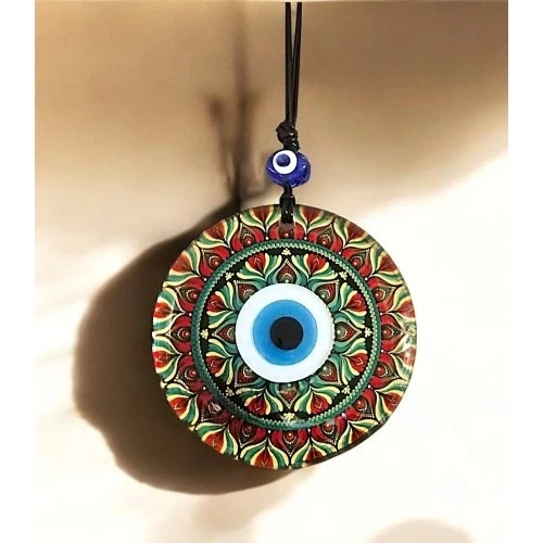 Kırmızı Çiçek Desenli Ve Nazar Boncuklu El Yapımı Füzyon Cam Duvar Süsü - 3