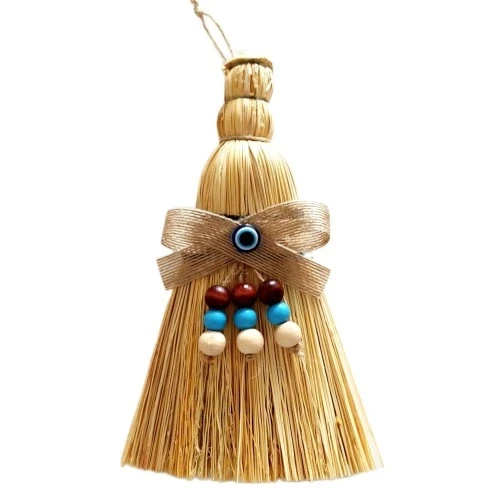 Otantik Ahşap Boncuklu Nazarlıklı Otantik Mini Süpürge Duvar Süsü