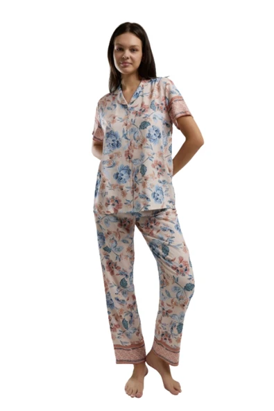 Arnetta 3201 Kadın Boydan Düğmeli Pijama Takımı  Açık Pudra - Resim 3
