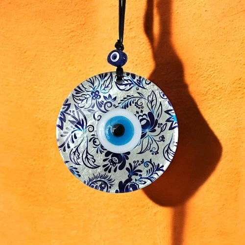 Nazar Boncuklu Yaprak Desenli Gümüş Rengi Füzyon Cam El Yapımı 12 Cm Duvar Süsü Nazarlık Hediyelik Eşya - 3