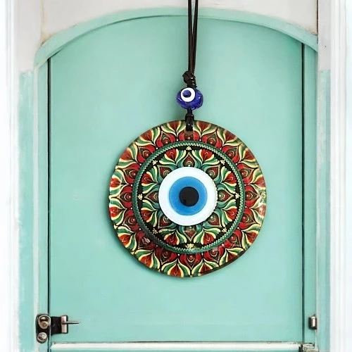 Kırmızı Çiçek Desenli Ve Nazar Boncuklu El Yapımı Füzyon Cam Duvar Süsü - 4