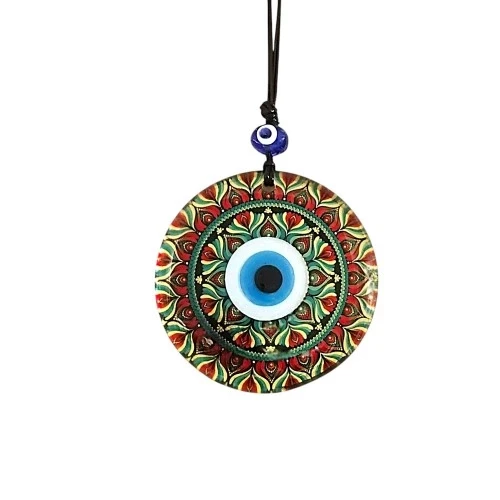 Kırmızı Çiçek Desenli Ve Nazar Boncuklu El Yapımı Füzyon Cam Duvar Süsü