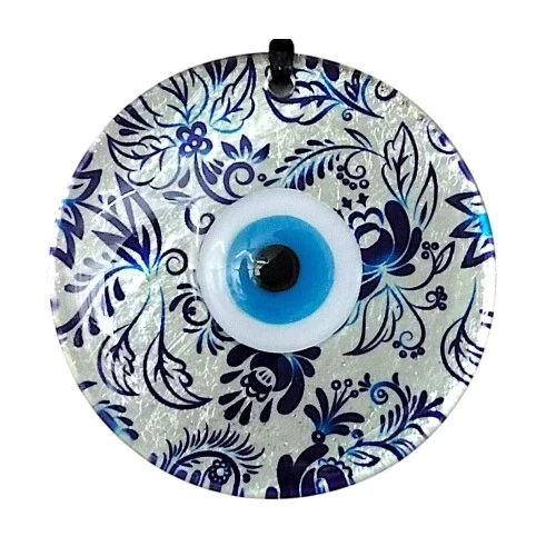 Nazar Boncuklu Yaprak Desenli Gümüş Rengi Füzyon Cam El Yapımı 12 Cm Duvar Süsü Nazarlık Hediyelik Eşya