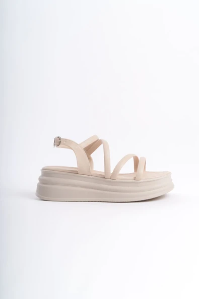 JET-NATALIE İnce Tokalı Şerit Detaylı Ortopedik Taban Kadın Sandalet  CKT - Krem - Resim 6