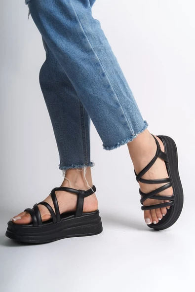 JET-BELLA Lastikli Şerit Detaylı Ortopedik Taban Kadın Sandalet CST - Siyah - Resim 2