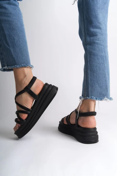 JET-BELLA Lastikli Şerit Detaylı Ortopedik Taban Kadın Sandalet CST - Siyah - Resim 3