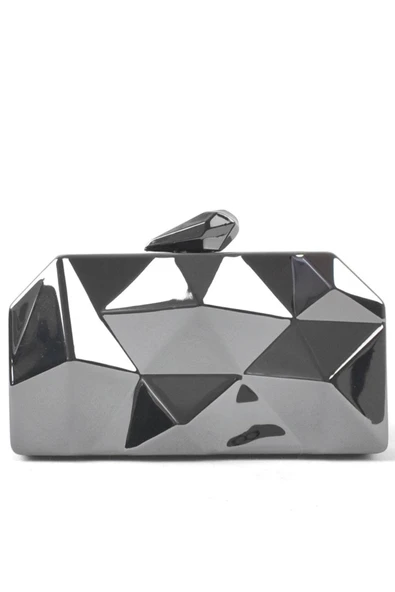 Geometrik Desenli Platin Metal Clutch Abiye Çanta - Resim 2