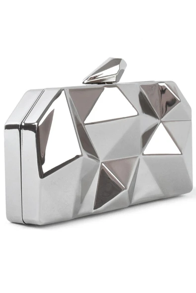 Geometrik Desenli Gümüş Metal Clutch Abiye Çanta ürün görseli