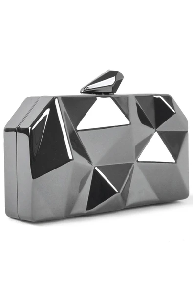 Geometrik Desenli Platin Metal Clutch Abiye Çanta ürün görseli