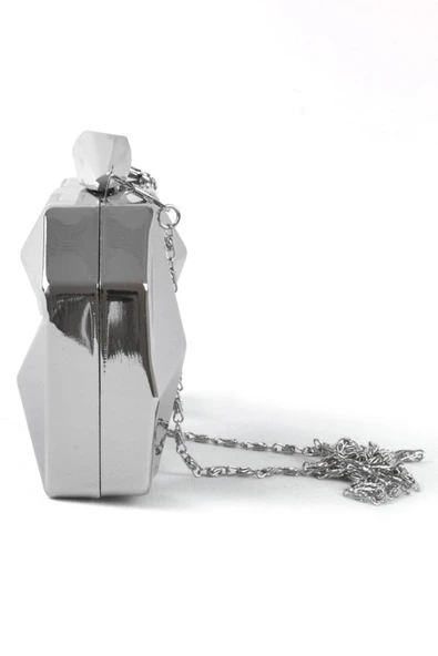 Geometrik Desenli Gümüş Metal Clutch Abiye Çanta - Resim 6