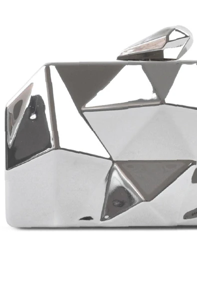 Geometrik Desenli Gümüş Metal Clutch Abiye Çanta - Resim 5
