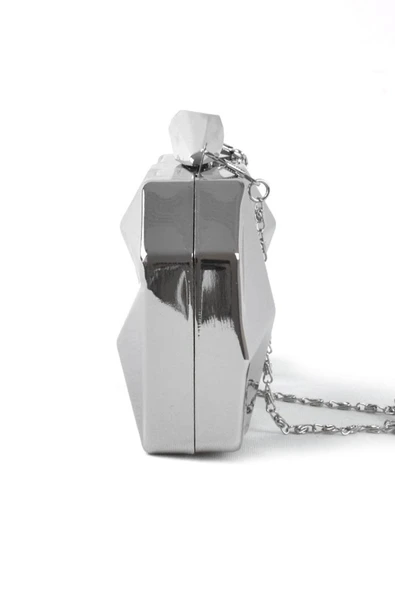 Geometrik Desenli Gümüş Metal Clutch Abiye Çanta - Resim 3
