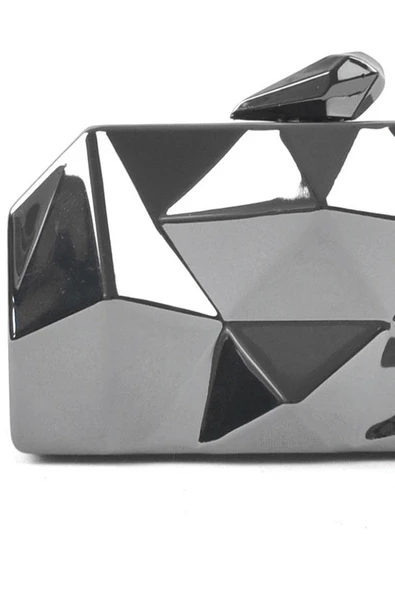 Geometrik Desenli Platin Metal Clutch Abiye Çanta - Resim 4