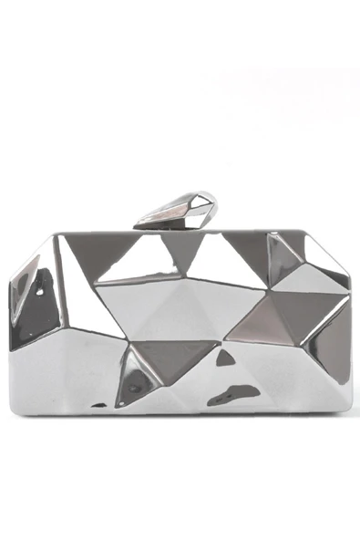 Geometrik Desenli Gümüş Metal Clutch Abiye Çanta - Resim 2