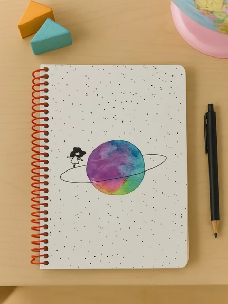 Satürn Kız Tasarımlı Spiralli Çizgili Defter – 80 Yaprak, 160 Sayfa (18 x 24 cm) - Resim 2