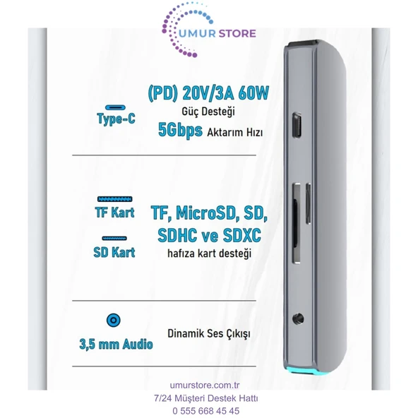 Type-C to (4K/60Hz UHD HDMI 3xUSB 3.0 TF/MicroSD 3.5mm Ses Çıkışı USB Type-C PD 60W) 8in1 HUB Dönüştürücü Çevirici Adaptör - Resim 3