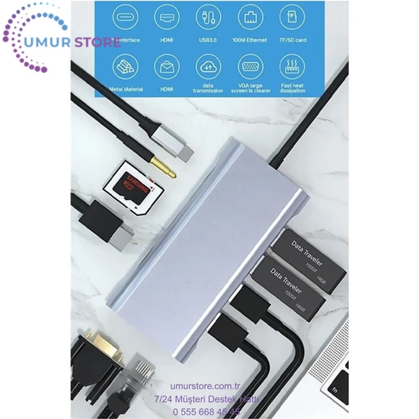 Macbook Pro Air Type-C Çevirici Dönüştürücü Çoklayıcı Pd Şarj Hdmı Sd Network VGA Girişli 11 In 1 - Resim 2