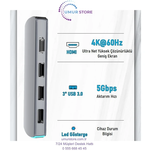 Type-C to (4K/60Hz UHD HDMI 3xUSB 3.0 TF/MicroSD 3.5mm Ses Çıkışı USB Type-C PD 60W) 8in1 HUB Dönüştürücü Çevirici Adaptör - Resim 4