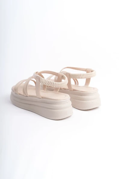 JET-BELLA Lastikli Şerit Detaylı Ortopedik Taban Kadın Sandalet CKT - Krem - Resim 5