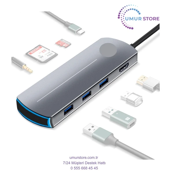 Type-C to (4K/60Hz UHD HDMI 3xUSB 3.0 TF/MicroSD 3.5mm Ses Çıkışı USB Type-C PD 60W) 8in1 HUB Dönüştürücü Çevirici Adaptör - Resim 2