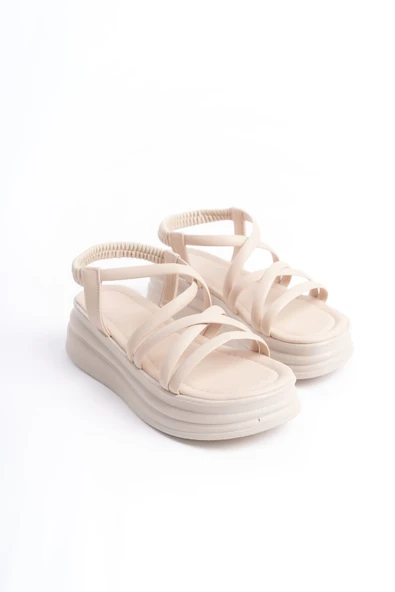 JET-BELLA Lastikli Şerit Detaylı Ortopedik Taban Kadın Sandalet CKT - Krem - Resim 4