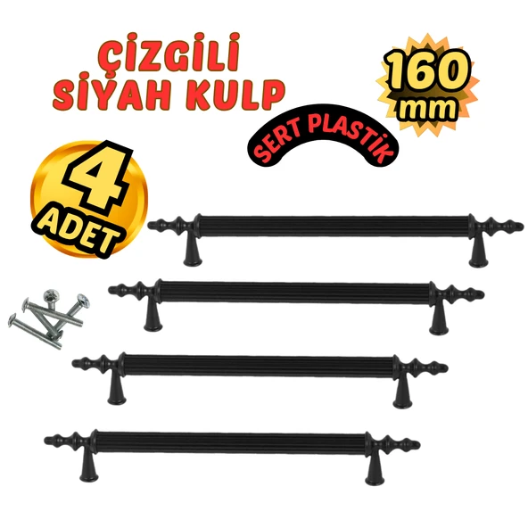Çizgili Siyah Plastik Mobilya Kulpu 160mm – 4’lü ürün görseli