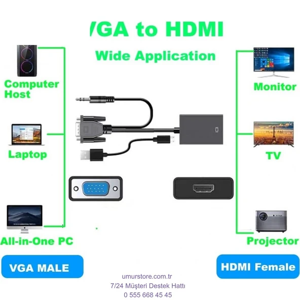 VGA HDMI Aktif Dönüştürücü VGA To HDMI Kablolu VGA Erkek HDMI Dişi VGA In HDMI Out Converter - 2