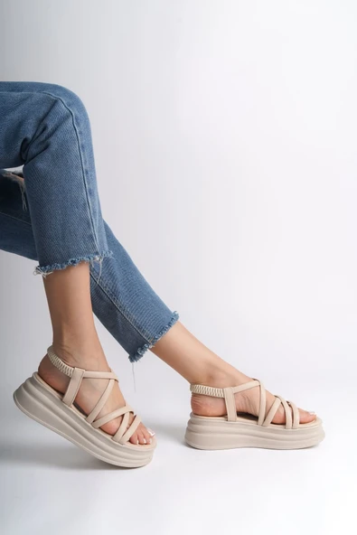 JET-BELLA Lastikli Şerit Detaylı Ortopedik Taban Kadın Sandalet CKT - Krem - Resim 2