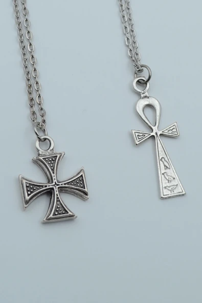 2'liSembollü Ankh Anahtarı Nil’in Anahtarı Gamalı Haç Gümüş Kaplama Kolye Seti ürün görseli 1