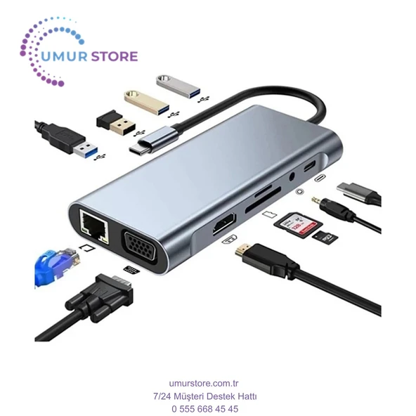 Macbook Pro Air Type-C Çevirici Dönüştürücü Çoklayıcı Pd Şarj Hdmı Sd Network VGA Girişli 11 In 1 ürün görseli 1