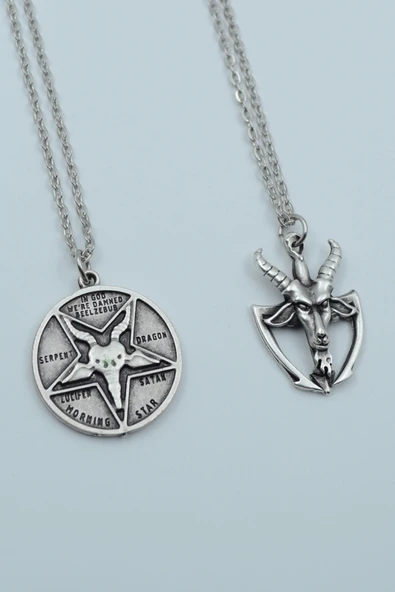 2'li Lucifer Morning Star Pagan - Keçi Şeytan Gümüş Kaplama Kolye Seti ürün görseli 1