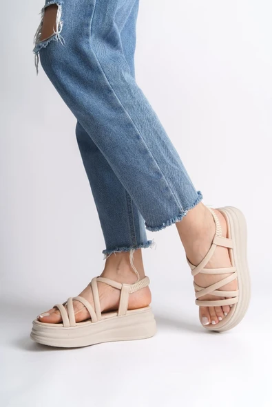 JET-BELLA Lastikli Şerit Detaylı Ortopedik Taban Kadın Sandalet CKT - Krem - Resim 3