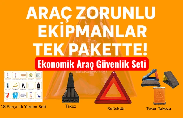 Ekonomik Araç Güvenlik Seti – 18 Parça İlk Yardım + Reflektör + Takoz + Buz Kazıyıcı + Taşıma Çantas - 1