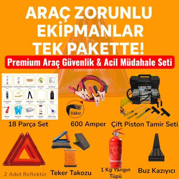 Premium Araç Güvenlik & Acil Müdahale Seti  18 Parça İlk Yardım  2 Reflektör  Takoz  Yangın Tüp - 1