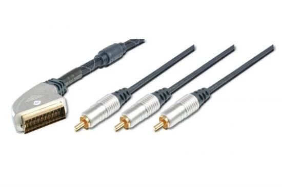 Yüksek Kaliteli Scart Kablosu, Scart erkek <-> 3 x RCA erkek cinch konnektör, 5 metre, metal fiş, krom kaplama, kontak uçları altın kaplama, ferrite filtre, zırhlı