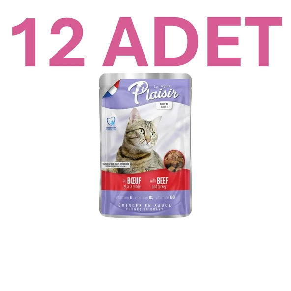 Plaisir Beef and Turkey Pouch Adult Cat Sığır Etli ve Hindi Etli Yaş Yetişkin Kedi Maması 100 gr(12ADET) ürün görseli