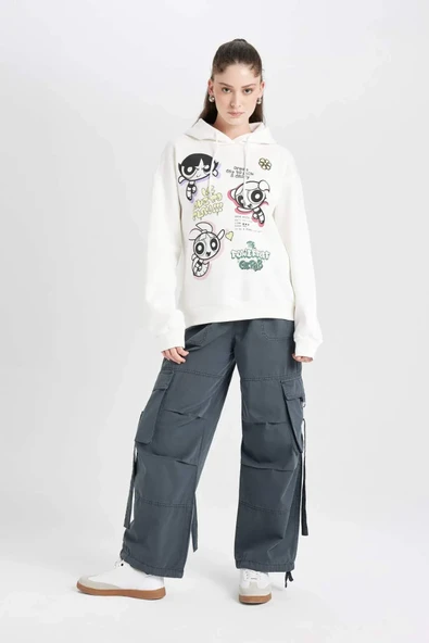Defacto Coool PowerPuff Girls Oversize Geniş Kalıp Kapüşonlu Baskılı Kalın Sweatshirt D4846AX24WN - Resim 2
