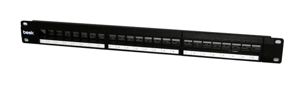 Beek 24 Port Modüler Boş Patch Panel, Zırhlı/Ekranlı (Shielded), Arkadan Kablo Düzenleyicisi ile birlikte, 1U Yüksekliği