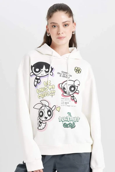 Defacto Coool PowerPuff Girls Oversize Geniş Kalıp Kapüşonlu Baskılı Kalın Sweatshirt D4846AX24WN ürün görseli