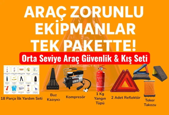 Araç Güvenlik & Kış Seti – 18 Parça İlk Yardım + 2 Reflektör + Takoz + Yangın Tüpü + Tek Piston Las - 1