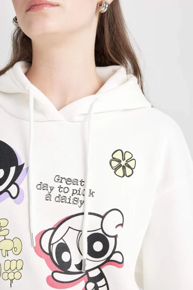 Defacto Coool PowerPuff Girls Oversize Geniş Kalıp Kapüşonlu Baskılı Kalın Sweatshirt D4846AX24WN - Resim 3