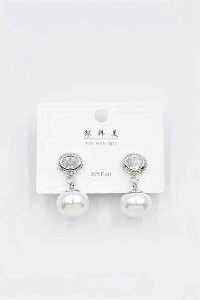 İncili Taşlı Küpe - Gümüş - Resim 2