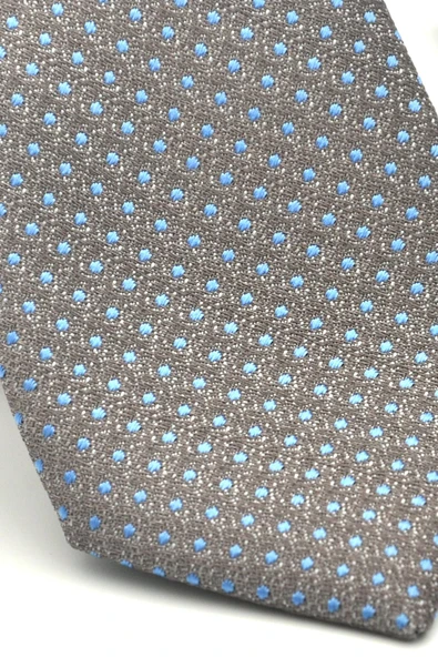 Mavi Nokta Desenli Gri Dokuma Kumaş Mendilli Slim Fit Kravat // SDK-2510-4 - Resim 3