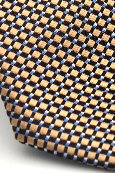 Beyaz Küçük Kare Desenli Bej Dokuma Kumaş Mendilli Slim Fit Kravat // SDK-2511-7 - Resim 3