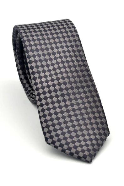 Kahverengi Piti Kare Desenli Vizon Dokuma Kumaş Mendilli Slim Fit Kravat // SDK-2503-3 ürün görseli